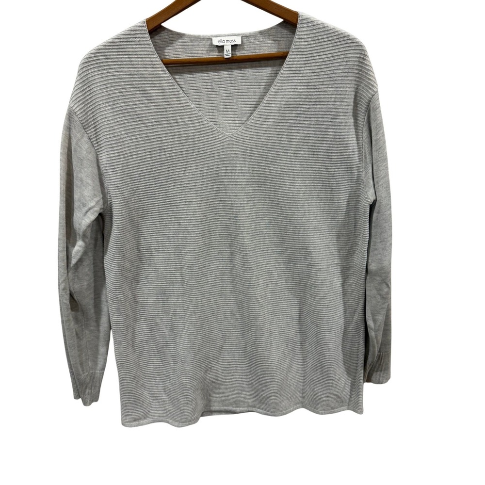 Ella Moss Women medium Light Gray Ribbed VNeck Knit Pullover Sweater Long Sleeve
